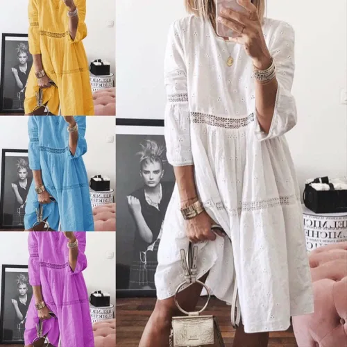 Vista 3 de Vestido midi bohemio de talla grande para mujer, manga 34, cuello redondo, vestido de playa, vestido de verano con vuelo hasta 5XL