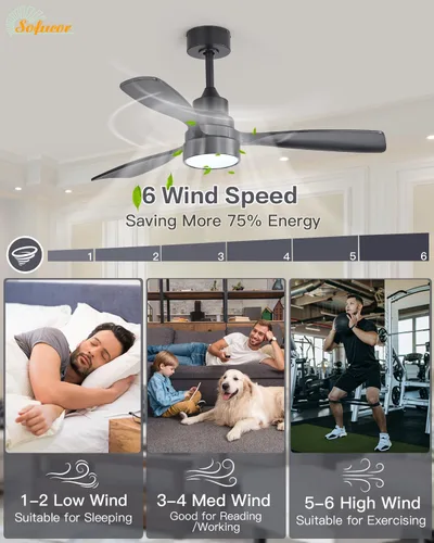 Vista 8 de Sofucor Ventiladores de Techo de 48 Pulgadas con Luces y Control Remoto - Ventilador de Techo Moderno de Montaje al Ras y Montaje con Varilla