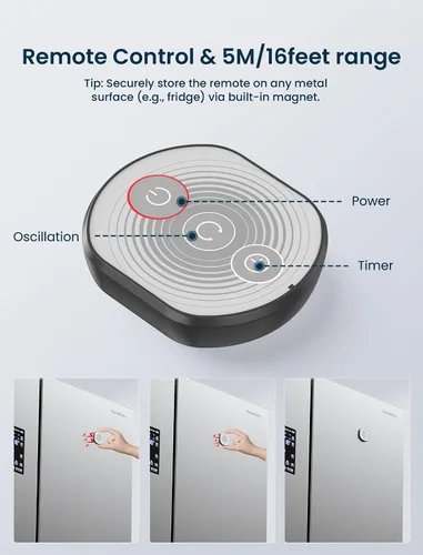 Vista 5 de Ventilador oscilante silencioso de pared de 8.5 pulgadas con control remoto y temporizador, 4 velocidades ajustables para baños pequeños