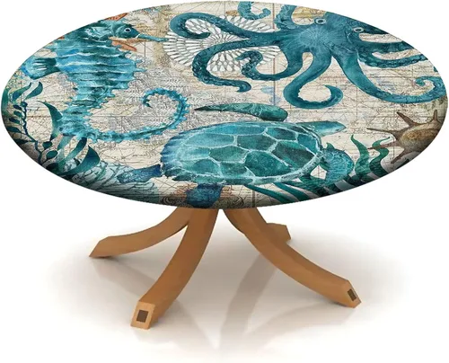 Vista 7 de Mantel redondo ajustable con borde elástico floral azul, mantel con borde elástico de estilo floral pastoral, almohadilla de mesa de poliéster