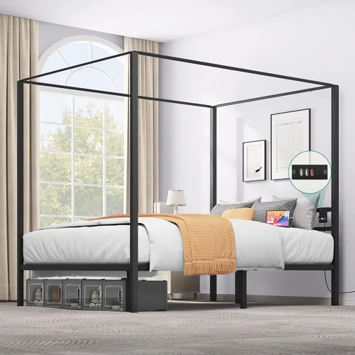 Vista 11 de YITAHOME Marco de cama de metal con dosel de cuatro pósteres, plataforma de cama de 14 pulgadas con cabecera incorporada, soporte de colchón