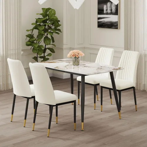 Vista 2 de Juego de 5 mesas de comedor modernas de piedra sinterizada de 50 pulgadas, mesa de cocina rectangular de mármol sintético con 4 sillas de piel