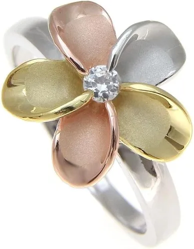 Vista 3 de Arthur's Jewelry Anillo de plata de ley 925 hawaiana, amarillo, rosa, oro rosa, rodio, tricolor, chapado en tricolor, 0.591 in, flor de plumeria