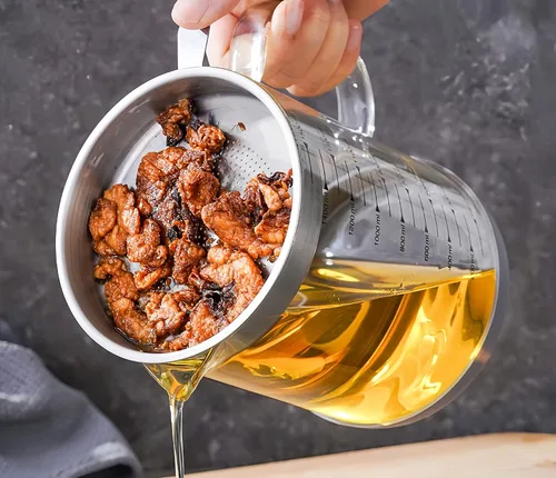 Vista 5 de Contenedor de grasa de tocino de vidrio con colador, separador de salsa de grasa de 34 onzas con colador, lata de almacenamiento con tapa