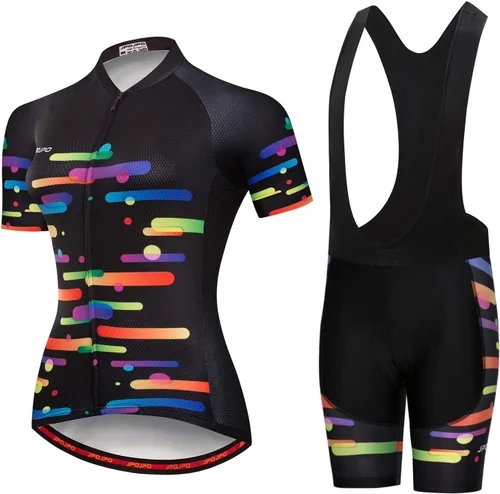 Vista 8 de Camiseta de ciclismo para mujer, manga corta y pantalones cortos de ciclismo acolchados para verano