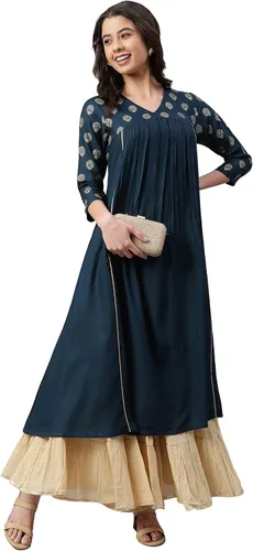 Vista 3 de Janasya Kurta de rayón verde azulado para mujer india