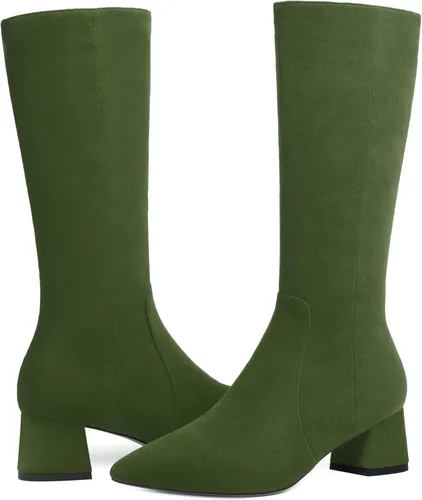 Vista 6 de MOVINSTEPS Botas de tacón bajo grueso con cremallera y puntera puntiaguda para mujer, de 2.0 in Verde militar