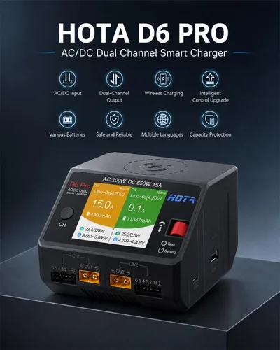 Vista 2 de HOTA D6 Pro Lipo Cargador de batería, doble canal 15A AC200W DC650W Cargador de equilibrio inteligente con panel de carga inalámbrico Salida USB