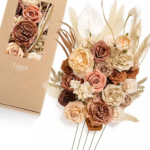 Vista 19 de Ling's moment Caja de Flores Falsas, Tallos de Vegetación Artificial Falsa Rosas de Espuma Dalia Hortensia de Seda Peonía Flor de Tela para Centros