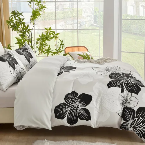 Vista 3 de DJY - Juego de funda de edredón de 3 piezas, tamaño queen, negro y blanco con patrón floral, elegante funda de edredón boho floral con 2 fundas