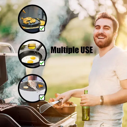 Vista 6 de HOTEC 2 piezas Espátula de pescado de acero inoxidable con mango de madera, espátula de metal para voltear alimentos