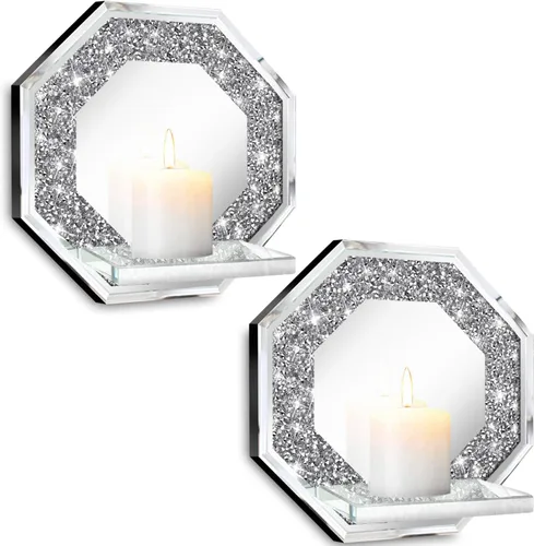 Vista 16 de ZOLAPI Juego de 2 candelabros de cristal con diamantes triturados, espléndido candelabro de pared con espejo plateado redondo, candelabros de vela