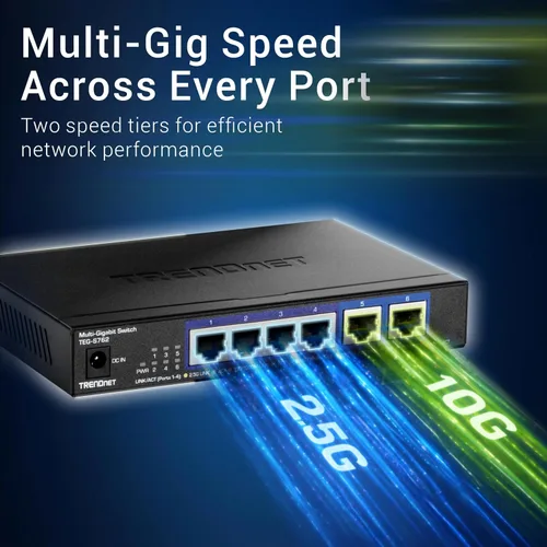 Vista 4 de TRENDnet Switch 10G de 6 puertos, 4 puertos 2.5G RJ-45 Base-T, 2 puertos RJ-45 10G, capacidad de conmutación de 60Gbps, montable en pared