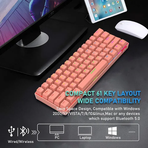 Vista 9 de Teclado mecánico inalámbrico 60% de modo dual BT5.0USB-C para juegos con retroiluminación arco iris, compacto, 61 teclas, ergonómico, recargable