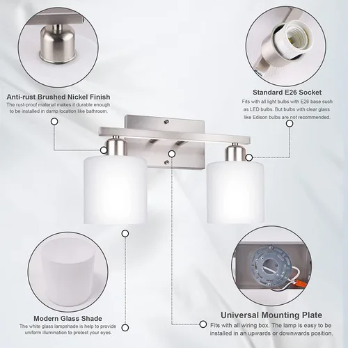 Vista 6 de Lámpara de tocador de baño sobre espejo con níquel cepillado, modernos apliques de pared de 2 luces para dormitorio, sala de estar, decoración