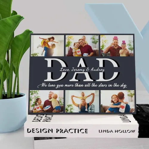 Vista 4 de InterestPrint Panel de fotos personalizado para papá y nombre para exhibición de mesa, Papá te amamos más que todas las estrellas en el cielo, marco