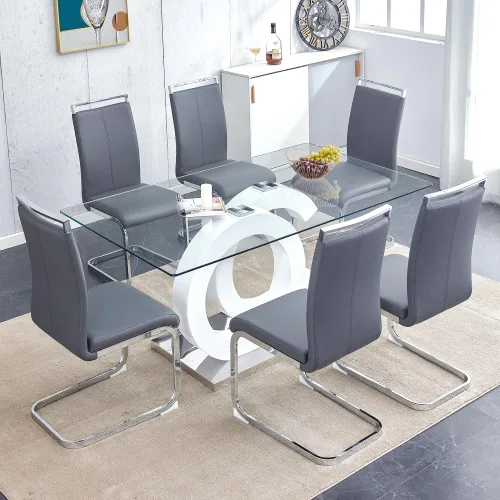 Vista 16 de Juego de mesa de comedor de 63 pulgadas para 4, moderno juego de mesa de comedor de vidrio templado para 4, para el hogar, cocina, sala de estar