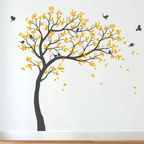 Vista 7 de Calcomanías de pared para árbol grande, calcomanías de árbol inclinado con pájaros, mural de vinilo decorativo KW032