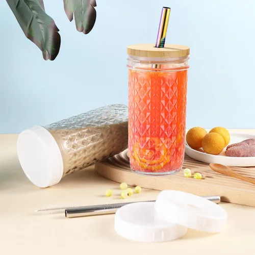 Vista 4 de Juego de 2 vasos de vidrio - Vasos para beber tipo Mason Jar de 24 oz con tapas de bambú y pajitas y 2 tapas herméticas, lindo vaso reutilizable