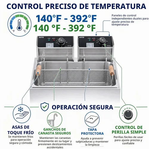 Vista 5 de Freidora comercial con canasta, freidora de aceite eléctrica de gran capacidad de 12.7 cuartos de galón / 12 L, freidora de encimera de acero