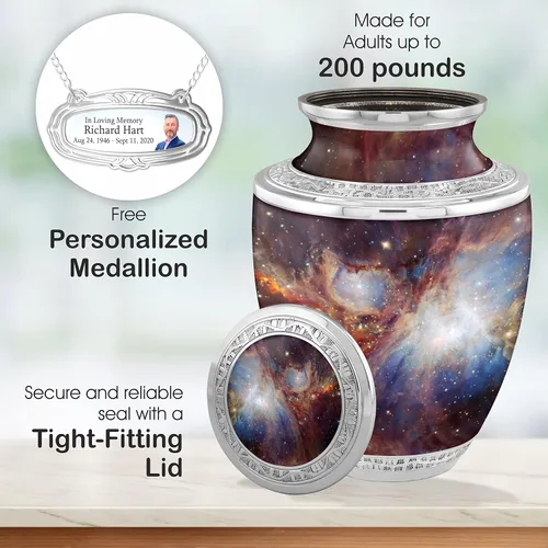 Vista 4 de Urnas de cremación personalizadas con medallón cósmico de galaxia para cenizas adultas, hombres y mujeres, urnas funerarias de 200 libras