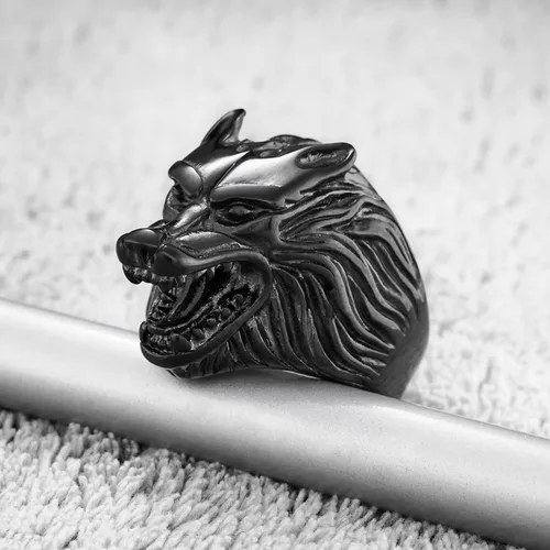Vista 2 de Anillo de Fenrir de lobo nórdico, regalo vikingo para hombre, acero inoxidable, color plateado y negro, gran protección de amuletos, joyería pagana