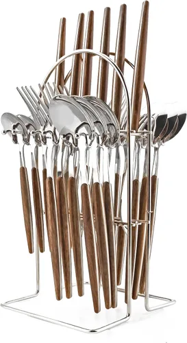 Vista 10 de Juego de cubiertos de 24 piezas de mango de madera, juego de cubiertos de acero inoxidable de madera, cuchillo de cena, tenedor, cucharadita