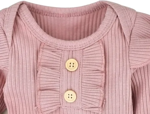 Vista 6 de KANGKANG Ropa de bebé recién nacida, mameluco acanalado con mangas con volantes + pantalones florales + diadema lindo traje de bebé niña 3 piezas