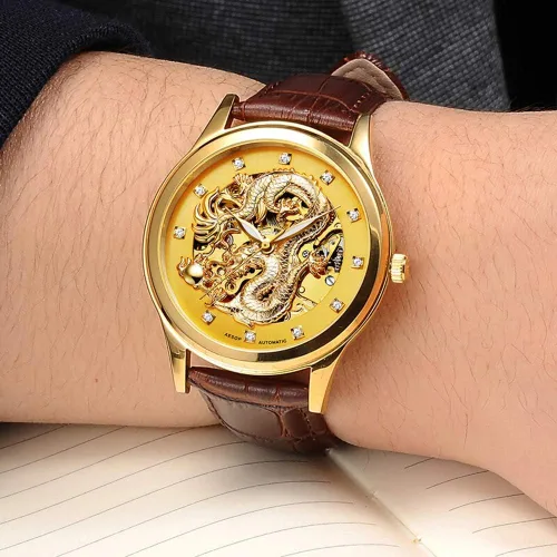 Vista 7 de Moda 3D Dragón Dorado Hueco Automático Reloj para los Hombres Impermeable Diamantes Hora Marcadores Reloj de Pulsera