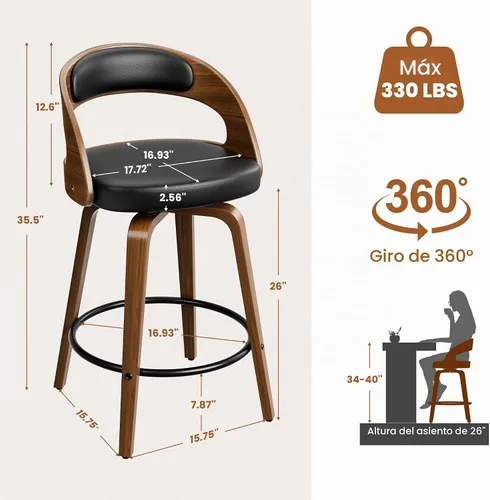 Vista 3 de YaFiti Taburetes de bar, taburetes de bar de 26 pulgadas de altura de mostrador con patas de madera curvada, taburetes giratorios con respaldo