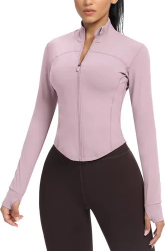 Vista 66 de AVGO Chaquetas de entrenamiento recortadas para mujer, con cremallera, ajustadas, atléticas, con agujeros para el pulgar