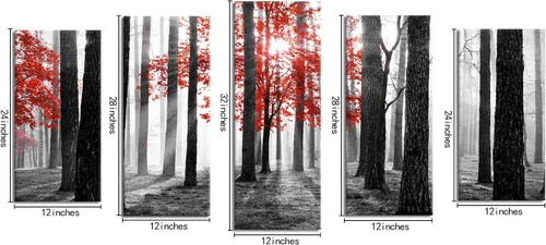 Vista 5 de Kalormore 5 piezas de arte para pared, diseño de árbol de la vida, bosque brumoso en blanco y negro, arte sobre lienzo, paisaje, naturaleza