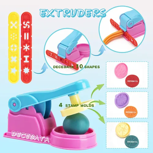 Vista 2 de Juego de herramientas de masa para niños, accesorios de juguete que incluyen sellos, cortador de tijera, moldes de extrusora de rodillos y caja