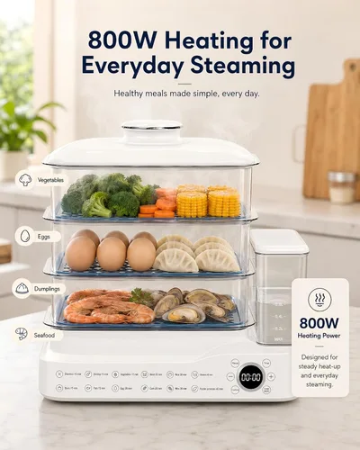 Vista 4 de Vaporizador eléctrico de alimentos de 24 litros, vaporizador digital de 3 niveles con inicio de retraso de 24 horas, mantiene el calor, tanque