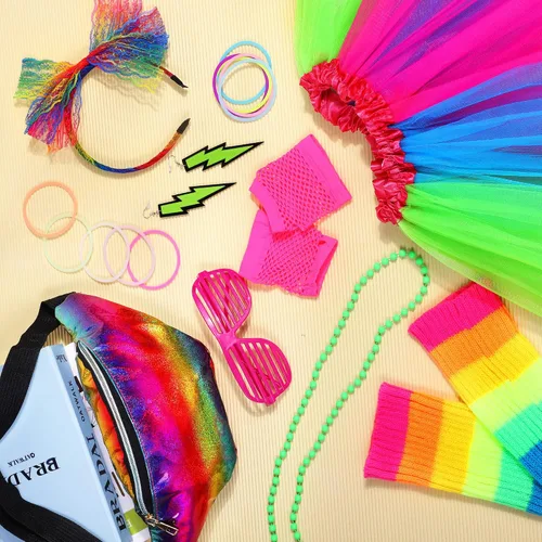 Vista 5 de SOMSOC Juego de accesorios de Halloween para disfraz de los años 80 de 18 piezas, incluye tutú, diadema, collar, guantes, anteojos, calentadores