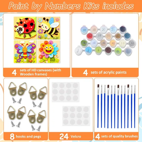 Vista 7 de EOBROMD Paquete de 4 kits de pintura enmarcada por números para niños, kits de pintura de insectos para niños de 4 a 8 a 12 años, pintura sobre