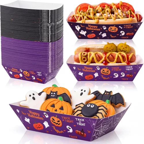 Vista 8 de Yinkin 100 bandejas de papel de Halloween para alimentos, bote de comida