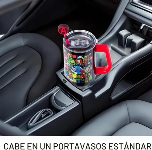 Vista 6 de Silver Buffalo Marvel Avengers - Vaso de acero inoxidable con pajilla, tapa de cubierta, tapa y asa con Iron Man, Capitán América, Blue Beetle
