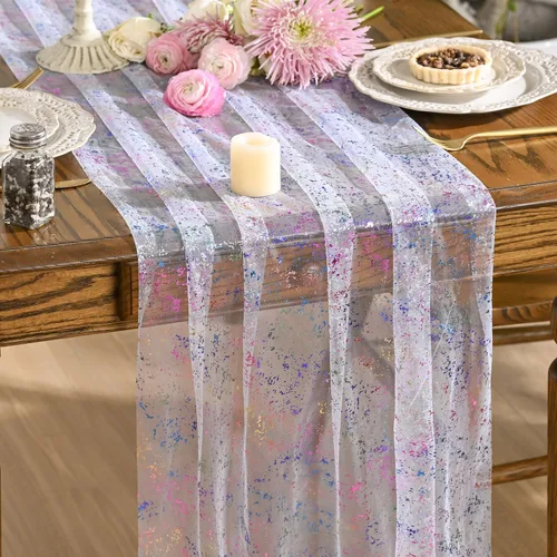 Vista 9 de Artoid Mode Camino de mesa de gasa color beige dorado de 120 pulgadas, 10 pies, lámina metálica con purpurina transparente para comedor, boda