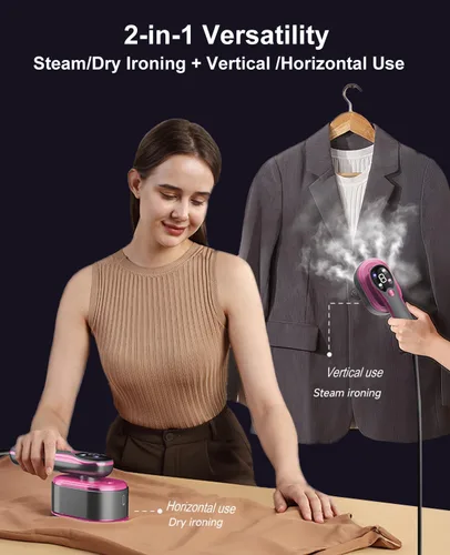 Vista 4 de Vaporizador y plancha 2 en 1 para ropa, vaporizador portátil de mano para prendas con pantalla LED, vaporizador de viaje grande para ropa con panel