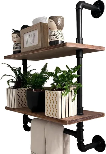 Vista 17 de ROGMARS - Estantería industrial de tuberías para baño, estantes flotantes negros de 24 pulgadas para baño con toallero y ganchos, estantes montados
