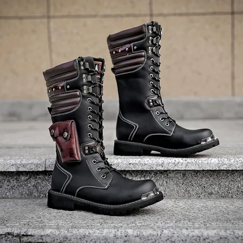 Vista 4 de Tebapi Botas de motocicleta para hombre, de cuero para mochileros, de media pantorrilla, militares, tácticas, botas de combate, con hebilla