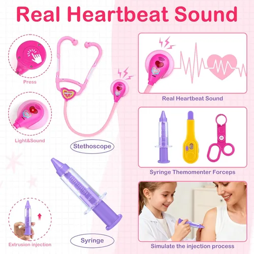 Vista 5 de Disfraz de doctor para niños – Juego de juguetes de simulación médica para niñas – Kit de médicos para niños pequeños de 3 a 5 años – Conjuntos