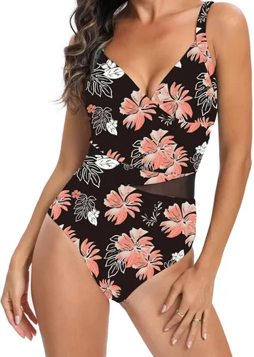 Vista 2 de Women's One Piece Swimsuit Tummy Control V Neck Bathing Suit Vintage Floral Swimwear Sexy Monokini Swimsuits