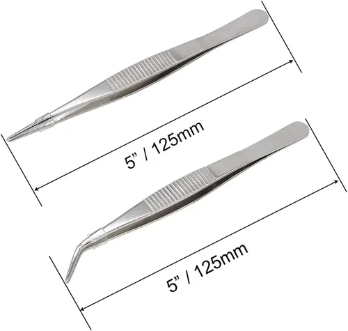 Vista 2 de Pinzas de acero inoxidable de 5 pulgadas con punta dentada recta y curvada, pinzas multiusos para reparación de manualidades, paquete de 2