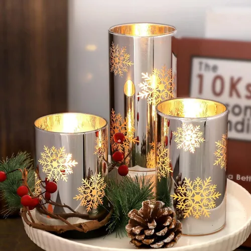 Vista 2 de Velas LED sin llama de copo de nieve con control remoto y temporizador, velas de vidrio electrochapado operadas por batería, velas LED parpadeantes