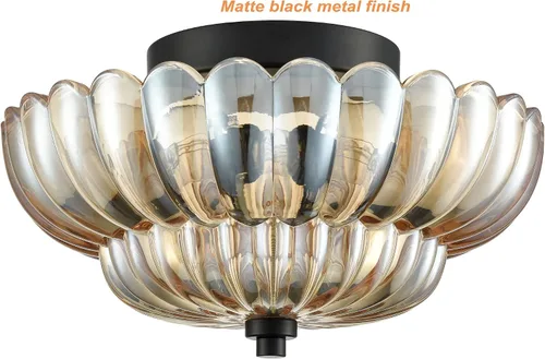 Vista 4 de HYDELITE Lámpara de techo moderna negra de montaje empotrado de 3 luces, cerca del techo, con pantalla de vidrio ámbar escamoteado para sala