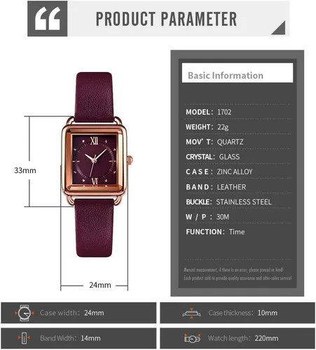 Vista 3 de carlien Reloj de cuarzo para mujer, elegante, rectangular, con correa de cuero y corona de zafiro