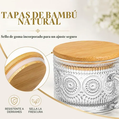 Vista 6 de Semderm Juego de 2 tazas de café de vidrio vintage, recipientes para avena nocturna con tapas de bambú y cucharas - Tazas de té transparentes de 14