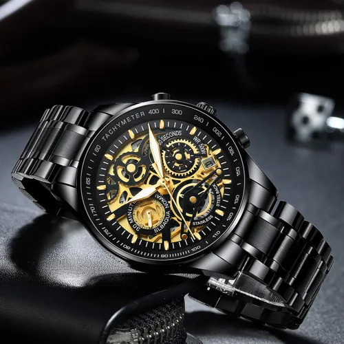 Vista 6 de NIBOSI Watches for Men Analog Chronograph Military Men's Watches Business Waterproof Quartz Gold Stainless Steel Men Watches with Calendar